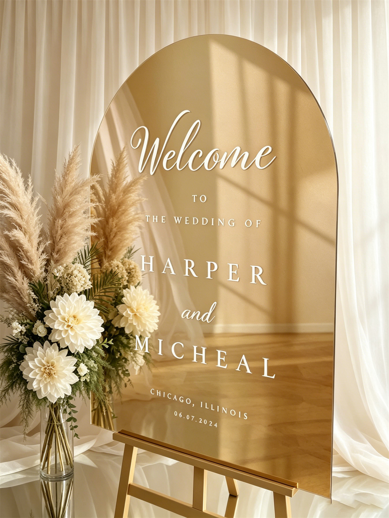 Mirror acrylic welcome signs, golden mirror wedding direction signs, custom wedding direction signs, ceremony welcome signs